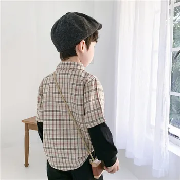 2020 Nové jeseň chlapci módne koberčeky dlhý rukáv košele kórejský štýl patchwork topy pre deti klope golier deti ležérne oblečenie