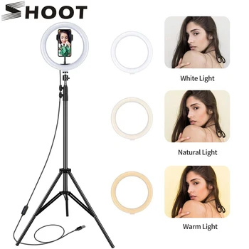 STRIEĽAŤ LED Selfie Krúžok Lampa Fotografie Krúžok Svetlo s Statív 10 cm USB Stmievateľné Ringlight so Stojanom pre make-up YouTube Video
