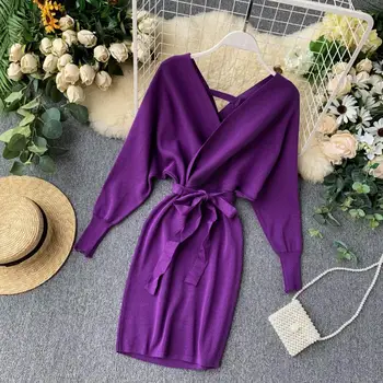 2020 Nový kórejský Jeseň Zima Ženy Multicolor Pletené Svetre Šaty Batwing Rukáv V Krku Elegantné Belted Hip Šaty pre Ženy