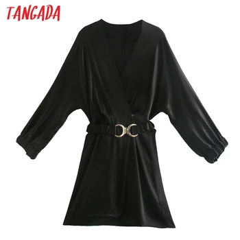 Tangada Módne Ženy Pevné Čierne Saténové Šaty S Pás Dlhý Rukáv Dámske V Krku Mini Šaty Vestidos 2W07