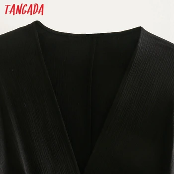 Tangada Módne Ženy Pevné Čierne Saténové Šaty S Pás Dlhý Rukáv Dámske V Krku Mini Šaty Vestidos 2W07