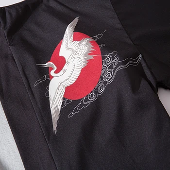 Čínsky, Japonský Kostýmoch Muž Žeriav Tlače Čierny Krém na opaľovanie Cardigan Haori Kabát Žena Kimono Yukata Ukiyo-e Oblečenie