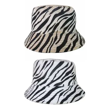 Unisex Jeseň Faux Cítil Harajuku Vedierko Hat Vintage Zebra Prúžok Tlač Obojstranná Reverzibilné Opaľovací Krém Rybár Panama Spp
