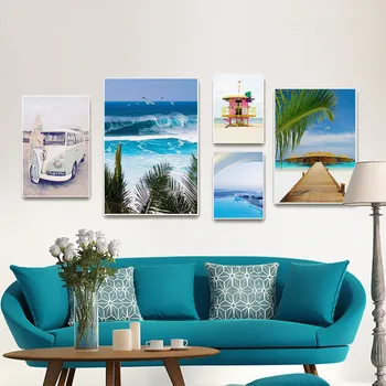 Plagát Modré More, Bazén Zelené Tropické Palmy, Pláže Autobus Moderné Seascape Plátno Na Maľovanie Obrázok Tlače Domov Wall Art Decoration