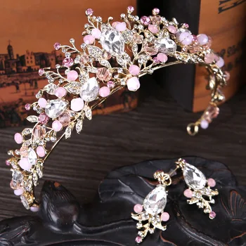 Hot Predaj Fashion White Pink Crystal Tiara Koruny Náušnice Šperky Set Princezná Diadem Nevesta Svadobné Svadobné Vlasové Dekorácie