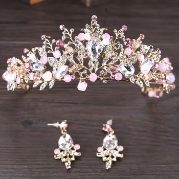 Hot Predaj Fashion White Pink Crystal Tiara Koruny Náušnice Šperky Set Princezná Diadem Nevesta Svadobné Svadobné Vlasové Dekorácie