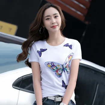 IZEVUS 2020 letné nový štýl slim bavlna vyšívanie korálkami motýľ dámske tričko krátky rukáv