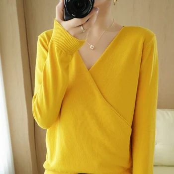 Jeseň Bavlna Sveter Ženy Oblečenie kórejský Štýl tvaru Farbou Dlhý Rukáv Sveter Žena Bežné Základné Tričko Top