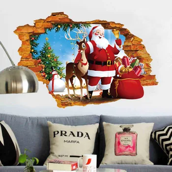 Vianočné nálepky na Stenu 3D Santa nástenné maľby Obývacia izba, spálňa, izba, TV joj, dekorácie samolepky na stenu pre deti izbách