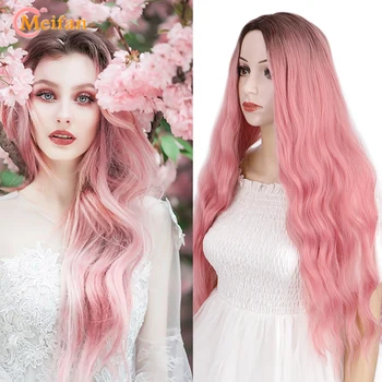 MEIFAN Dlho Ombre Black Ružový Zvlnený Lolita Parochne Prírodné Strednej Časti Syntetické Cosplay Parochňu pre Ženy Prírodné Falošné Vlasy
