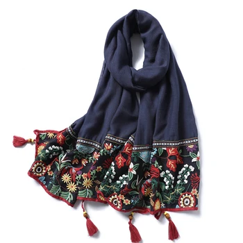 2020 Vintage Kvetinový Tlač Šály a Zábaly Čipky, Výšivky Bavlnená Šatka Ženy Pevné Strapce Pashmina Lady Foulard Hidžáb Femme