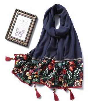 2020 Vintage Kvetinový Tlač Šály a Zábaly Čipky, Výšivky Bavlnená Šatka Ženy Pevné Strapce Pashmina Lady Foulard Hidžáb Femme