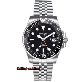 40 mm PARNIS black dial svetelný Zafírové sklo Keramická fazeta GMT automatické pánske hodinky, Luxusné Značky Top Mechanické Hodinky