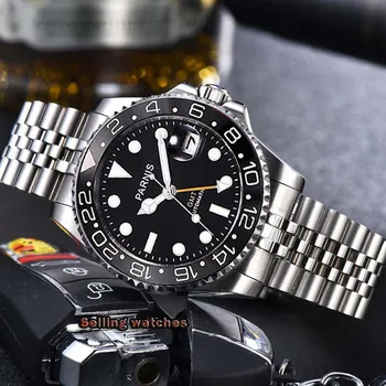 40 mm PARNIS black dial svetelný Zafírové sklo Keramická fazeta GMT automatické pánske hodinky, Luxusné Značky Top Mechanické Hodinky