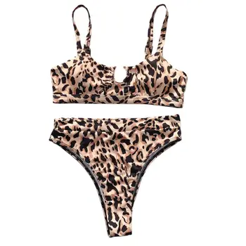Ženy Sexy 2 Kus Bikini Set Push Up Kovové O-Krúžok Plavky Boho Leopard Snakeskin Tlač Výrez Brazílske Plavky