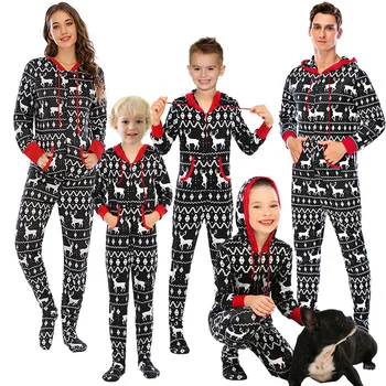 Vianočné Pyžamo Kus Tlač Bavlna okolo Krku s Kapucňou Sleepwear Pohodlné a Teplé Módne Vianoce Domov Oblečenie Pijama Nastaviť