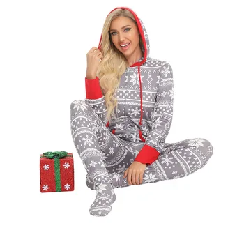 Vianočné Pyžamo Kus Tlač Bavlna okolo Krku s Kapucňou Sleepwear Pohodlné a Teplé Módne Vianoce Domov Oblečenie Pijama Nastaviť