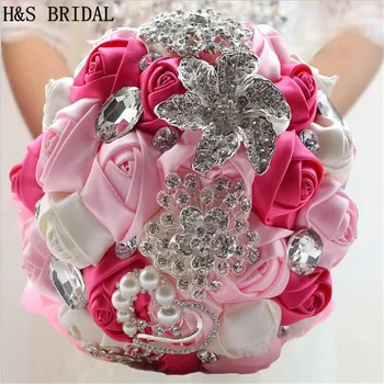 H&S Svadobné Kytice Saténové svadobné kytice Ručne vyrobené Svadobný Kvet Drahokamu Bridesmaid, Kytice Crystal 2020 bouquet de mariage