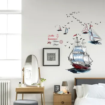 Moderná Plachetnica Loď Seagull Lete Scenérie Zobraziť Samolepky na stenu Obývacia Izba Záhradu, Spálňa Vymeniteľné Nepremokavé Umenie Obtlačky nástenná maľba