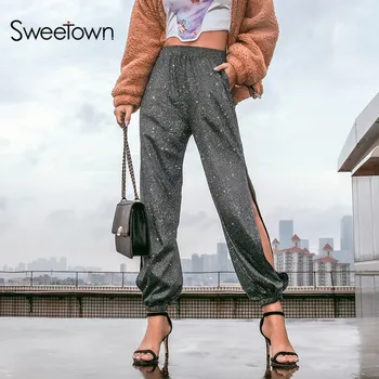 Sweetown Tmavo Sivý Lesk Tanec Streetwear Nohavice Strane Otvorte Split dámske Tepláky A Bežcov Plus Veľkosť Vysoký Pás Nohavice