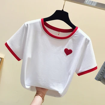 Láska Vyšívané Krátke Sleeve Tee Lete Nové 2019 Kórejský Roztomilý O-Neck Tričko Školáčka Harajuku Kawaii Biele Ružové Tričko Žena