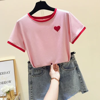 Láska Vyšívané Krátke Sleeve Tee Lete Nové 2019 Kórejský Roztomilý O-Neck Tričko Školáčka Harajuku Kawaii Biele Ružové Tričko Žena