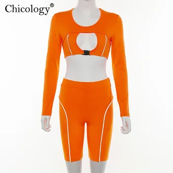Chicology duté, tričko pracky plodín top biker krátke neon sexy ženy, dve dielna sada 2019 lete ženské športové oblečenie