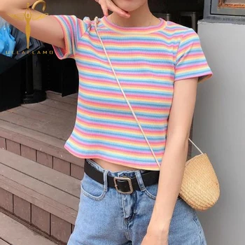 Bavlnené Tričko Ženy Rainbow Prekladané Topy Harajuku Letné Tričko Krátky Rukáv Pupok Chudá, Šitie Kórejský Punk Top Žena