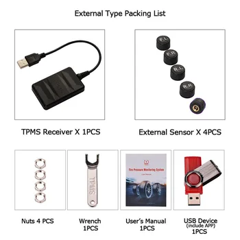 USB Náhradné Sledovanie Tlaku v Pneumatikách Systém TPMS Externé 5 Senzorov (Real-Time Display pre Android Navigačný