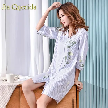 J&Q Módne Ženy Nightgowns 2019 Nové Jar & Leto Trendy Klope Prúžok Svetla Kvetinový Tlač Bavlna Domáce Oblečenie Žien Nočné Šaty