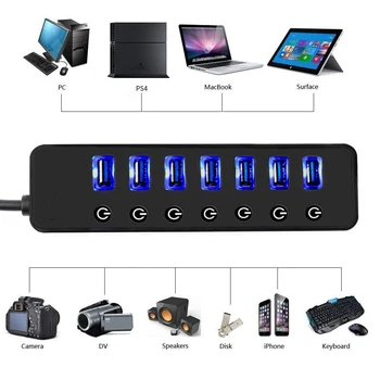 4 7 Port USB 3.0 Hub Rozbočovač USB Hub 3.0 s Jednotlivými vypínač, LED Indikátor, EÚ a USA, AU, UK, Napájací Adaptér pre MacBook Air