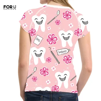 FORUDESIGNS Lete Ženy Tričko Ružové Karikatúra Roztomilý Zubár Vzor Značky dámske Oblečenie Bežné Krátke Sleeve Ladies T Shirt