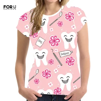 FORUDESIGNS Lete Ženy Tričko Ružové Karikatúra Roztomilý Zubár Vzor Značky dámske Oblečenie Bežné Krátke Sleeve Ladies T Shirt