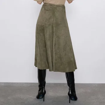 Zelená Ženy Vysoký pás Semiš sukne 2020 Jar, Jeseň A-line Žena Maxi Pevné Sukne Vintage Bežné Dna Black YNZZU YB419
